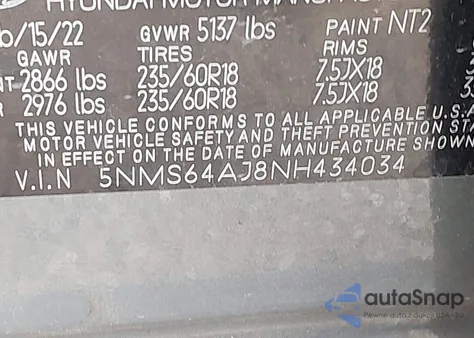 2022 Hyundai Santa Fe Xrt из США, поврежденный, VIN 5NMS64AJ8NH434034